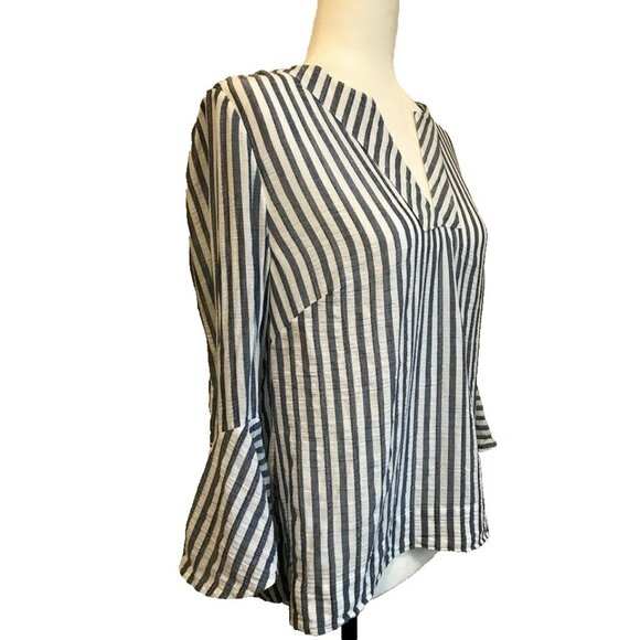 CHICO'S Fluted Sleeve Blouse Top Size 1 Cotton White Blue Striped Notch Neckline - Picture 4 of 7